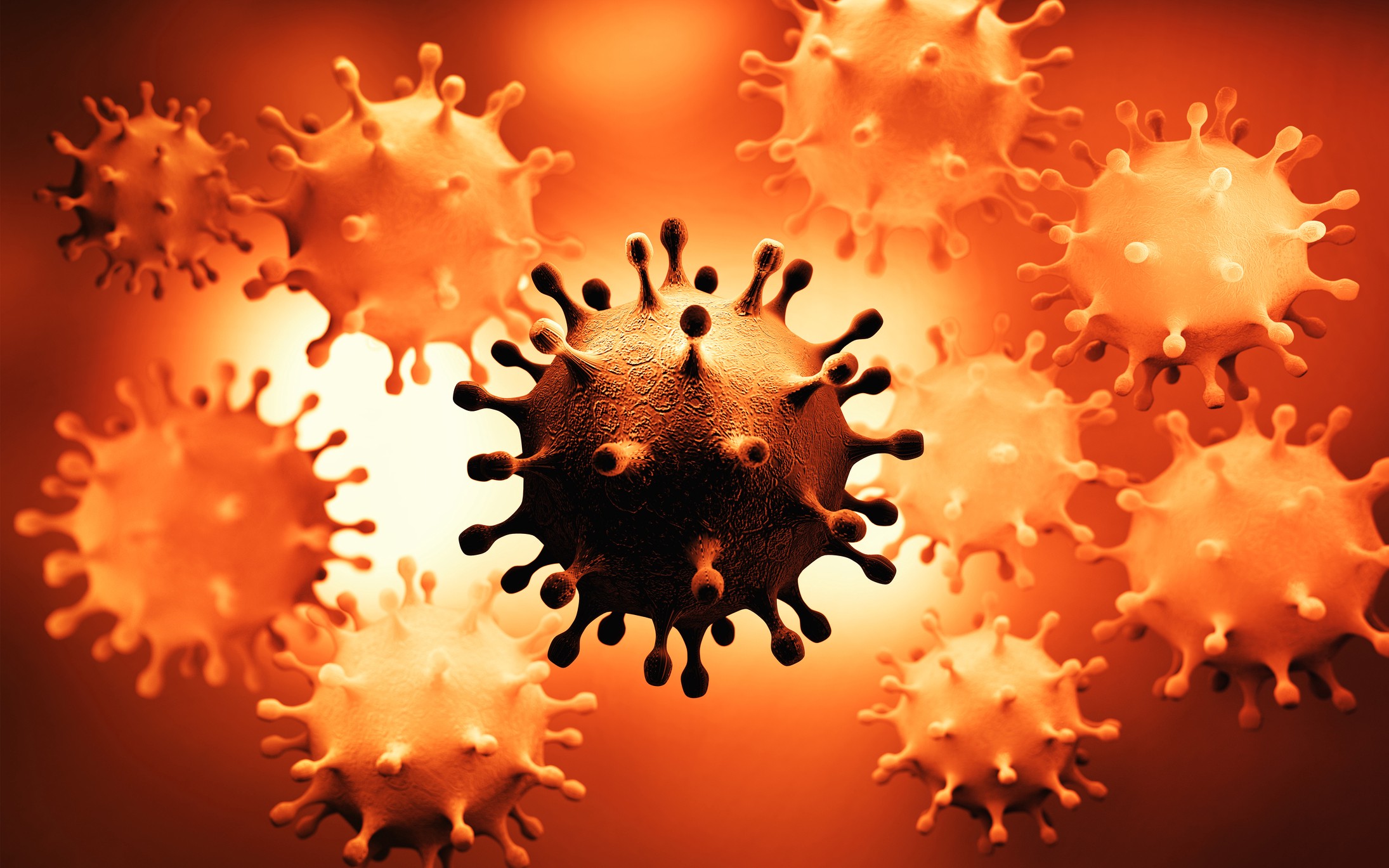 3d rendering of multiple coronavirus.